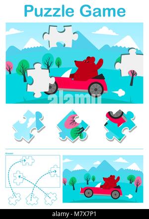 Kids cartoon puzzle game with a bear in car and missing jigsaw pieces showing the solution below in a printable Eps10 vector illustration Stock Vector