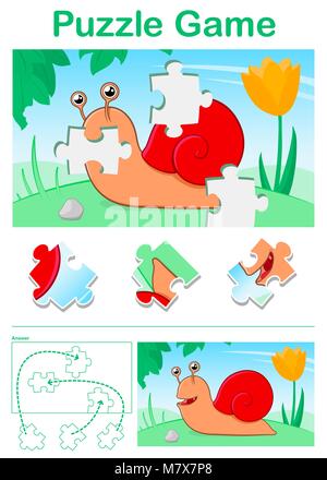 Kids cartoon puzzle game with colorful red garden snail and missing jigsaw pieces showing the solution below in a printable Eps10 vector illustration Stock Vector