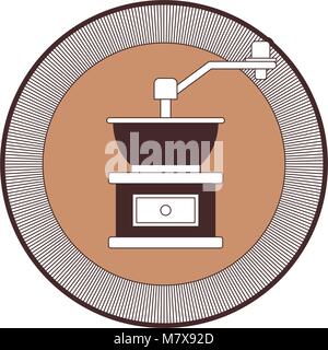 decorative circular logo of coffee grinding with crank silhouette color section Stock Vector