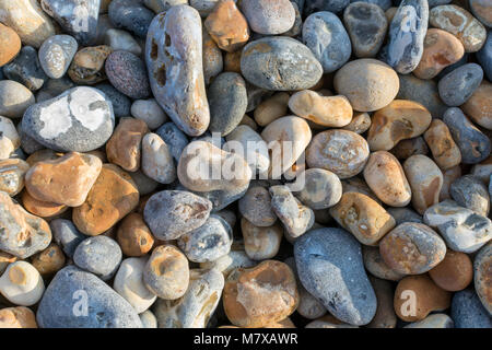 Close-up of shingle on the beach at Bexhill-on-Sea with a mix of grey, ochre and bluey-white pebbles of different sizes Stock Photo