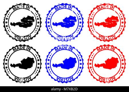 Made in Austria - rubber stamp - vector, Austria map pattern - black, blue and red Stock Vector