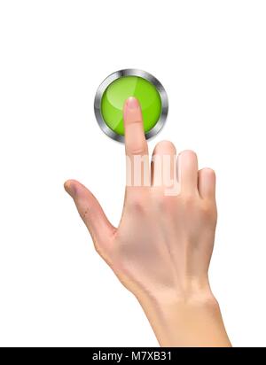 Realistic 3D Silhouette of hand with inger pressing a button on Blue ...