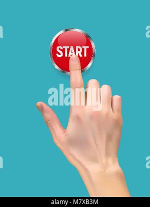 Realistic 3D Silhouette of  hand with inger pressing a red stop  button on White Background. Vector Illustration Stock Vector