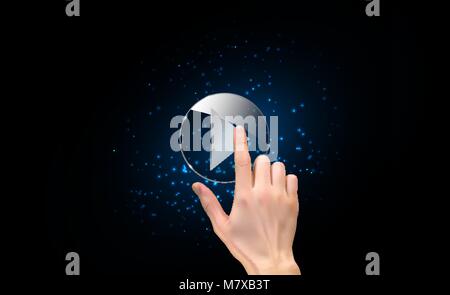 Realistic 3D Silhouette of  hand with finger pressing a play button. Vector Illustration Stock Vector