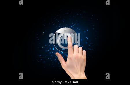 Realistic 3D Silhouette of  hand with finger pressing a power button. Vector Illustration Stock Vector