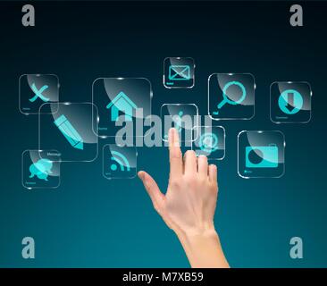 Realistic 3D Silhouette of  hand with inger pressing a button on Blue Background. Vector Illustration Stock Vector