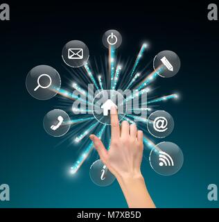 Realistic 3D Silhouette of  hand with finger pressing a button on Blue Background. Vector Illustration Stock Vector