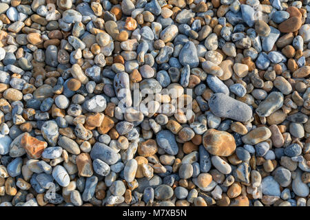 Close-up of shingle on the beach at Bexhill-on-Sea with a mix of grey, ochre and bluey-white pebbles of different sizes Stock Photo