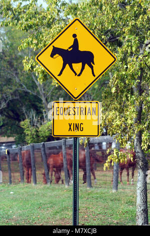 Equestrian horse crossing sign with horses Stock Photo