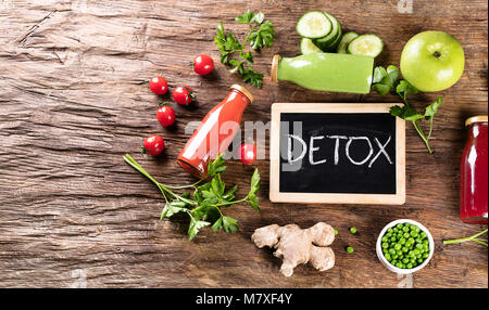 Fresh organic fruits, vegetable smoothies and juices. Detox diet. Top view Stock Photo