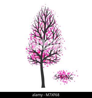 Background with spring tree. Illustration of silhouette and abstract spots Stock Vector