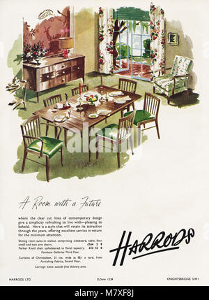 1950s original old vintage advertisement advertising household furniture by Harrods of Knightsbridge London England UK in magazine circa 1950 Stock Photo