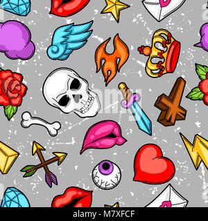 Seamless pattern with retro tattoo symbols. Cartoon old school illustration Stock Vector