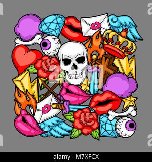 Print with retro tattoo symbols. Cartoon old school illustration Stock Vector