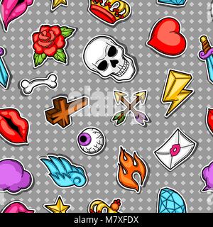 Seamless pattern with retro tattoo symbols. Cartoon old school illustration Stock Vector