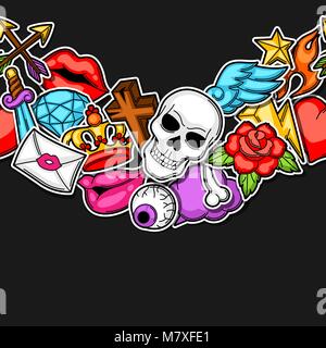 Seamless pattern with retro tattoo symbols. Cartoon old school illustration Stock Vector