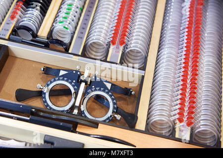 Set of test eyeglass lenses in box Stock Photo