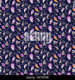 Paisley indian purple pink seamless vector pattern. Cucumber flower background. Stock Vector