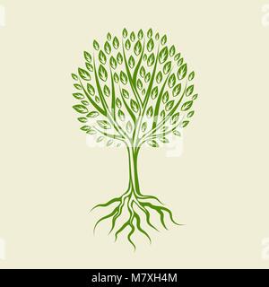 Abstract stylized tree with roots and leaves. Natural illustration Stock Vector