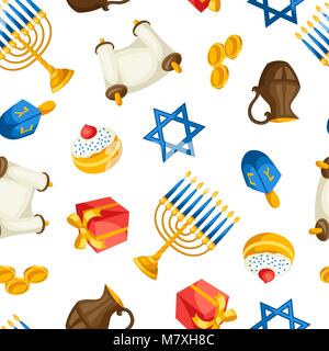 Jewish Hanukkah celebration seamless pattern with holiday objects Stock Vector