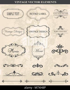 Decorative vintage set of calligraphic design elements: frames, borders, floral ornaments,  page decoration. Abstract vintage frame design in various  Stock Vector