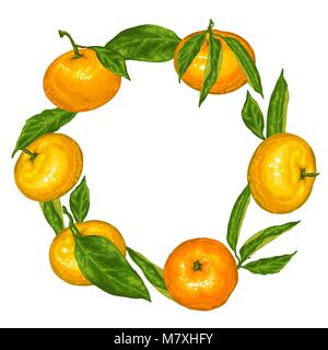 Frame with mandarins. Tropical fruits and leaves Stock Vector