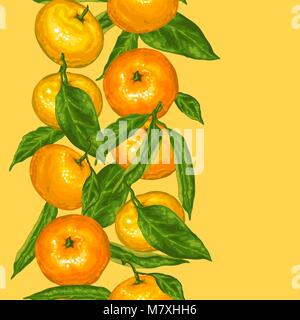 Seamless pattern with mandarins. Tropical fruits and leaves Stock Vector