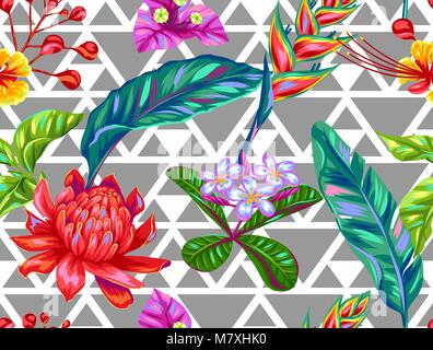 Seamless pattern with Thailand flowers. Tropical multicolor plants, leaves and buds Stock Vector