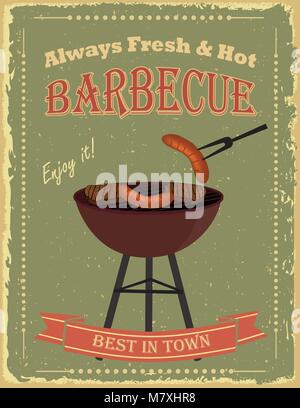 Vintage BBQ poster design with sausage and fresh meat Stock Vector