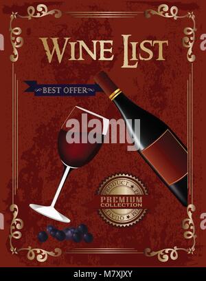 Wine list poster with a glass of wine and wine bottle Stock Vector