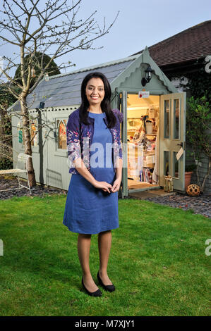 Manjit Sidhu pictured with her she-shed where she takes time out to sew. Stock Photo