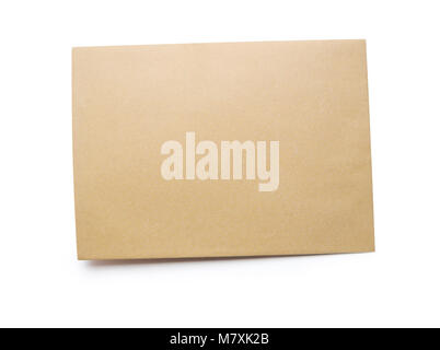 close up of stack of kraft mockup papers letter isolated clipping mask on white background with path, top view. Stock Photo