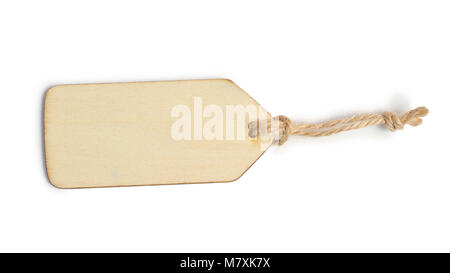 Mockup rustic wood tag label isolated clipping mask on white background with path, top view. Stock Photo