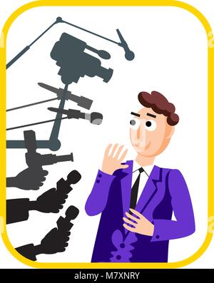 Interview. Speaker man. Press conference. News. Live report, live news. Many hands of journalists with microphones and cameras. Stock Vector