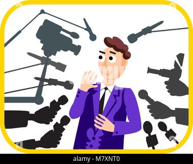Interview. Speaker man. Press conference. News. Live report, live news. Many hands of journalists with microphones and cameras. Stock Vector