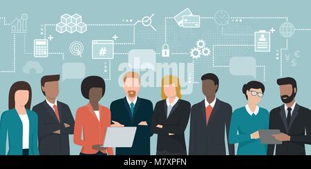 Business people team sharing ideas and connecting online, network of concepts: finance and technology Stock Vector