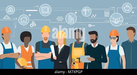 Construction workers and engineers team working together and network of concepts: architecture and real estate Stock Vector