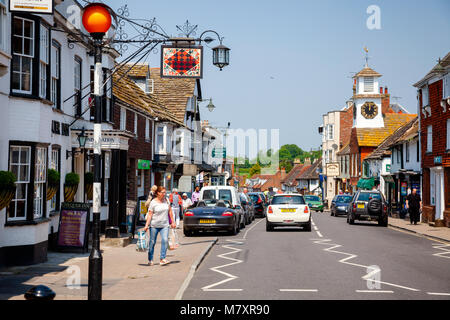 STEYNING, UK - JUN 6, 2013: Old houses along busy High Street in town centre Stock Photo