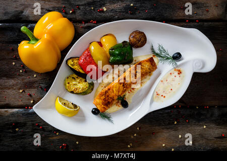 Grilled Fish Fillet with BBQ Vegetables Stock Photo