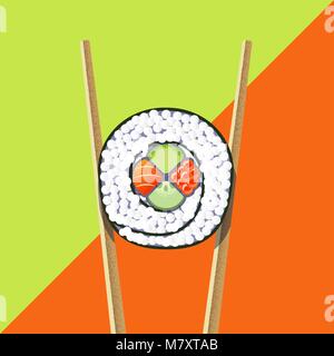 Vector illustration of sushi roll with two chopsticks on the bright green and orange background. Flat geometric design and textures. Stock Vector