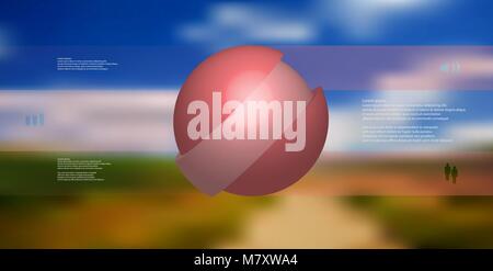 3D illustration infographic template with motif of askew sliced ball to three red parts which are shifted. Simple sign and text is in color banners. B Stock Vector