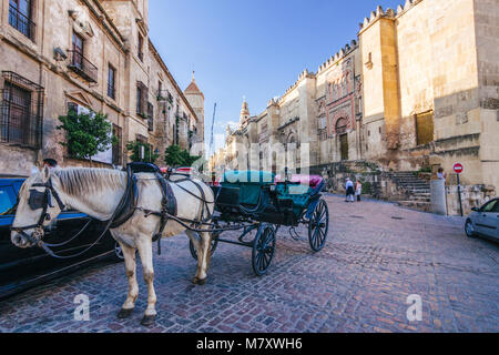 Cordoba, Andalusia, Spain : Horse drawn carriage next to the west facade of the Mosque–Cathedral along Calle Torrijos. Stock Photo