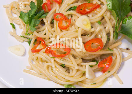 Spaghetti garlic, hot pepper,olive oil , Spaghetti aglio, olio, peperoncino Italian  mediterranean food Stock Photo