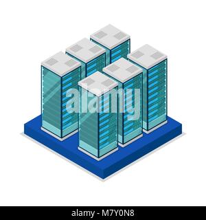 Data centre with server racks isometric 3D icon Stock Vector