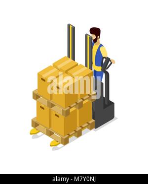 Forklift cart loading boxes isometric 3D icon Stock Vector