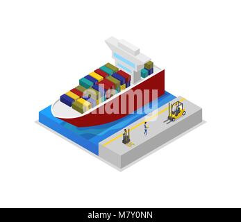 Sea port isometric vector icon with handling gantry crane on quay ...