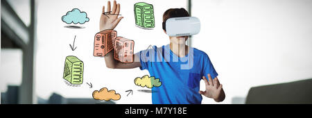 Composite image of boy using virtual reality simulator Stock Photo