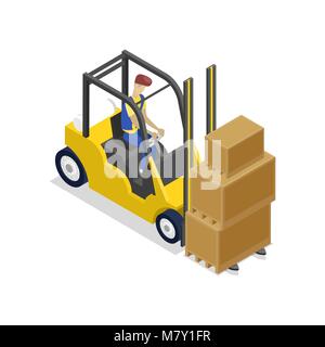 Forklift loading boxes into delivery truck side view vector ...