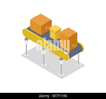 Cardboard boxes on conveyor isometric 3D icon Stock Vector
