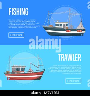 Fishing company flyers with trawlers Stock Vector